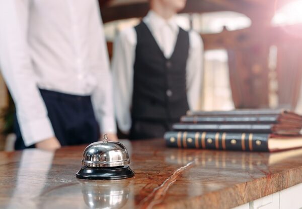 Hotel service bell Concept hotel, travel, room,Modern luxury hotel reception counter desk on background